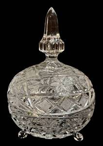 lot 403H image: Crystal Covered Dish with Lid - 5 in Tall, Cut Glass Pattern