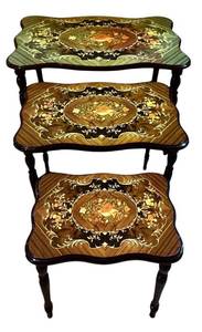 lot 87H image: 3-Piece Nesting Tables - Inlaid Floral Marquetry, Dark Wood