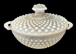 lot 297R image: K - Vintage Anchor Hocking Moonstone Hobnail Covered Candy Dish