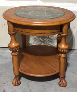 lot 338R image: G - Round Wood Accent Table with Glass Top & Ornate Ironwork