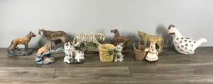 lot 201 image: Lot of Collectible Animal Figurines - Dogs - Cats - Tiger - Horse - Rabbit - Chicken - Fox
