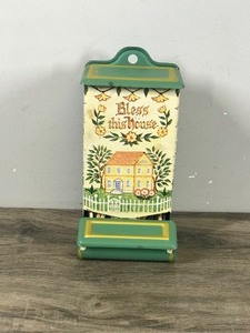 lot 217 image: Vintage Jasco Match Holder Tin Metal Bless This House Wall Mount Bright Colors Retro 1950s Kitchen Decor