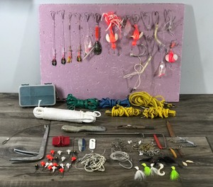 lot 230 image: Lot of Fishing Items - Hook Removers - Swivels - Fishing Lures - Stringers - Large Hooks for Halibut - Hooks - Small Tackle Box and More