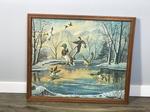 lot 250 image: Framed Picture of Mallards Landing into a Ice Pond