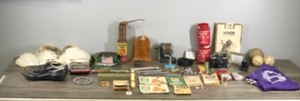 lot 262 image: Lot of Collectibles & More - Ansco Camera - Jon-E Hand Warmers - Old Film Weimet - Oiler - Baseballs  - Jewelry -  Honda Repair Handbook & More
