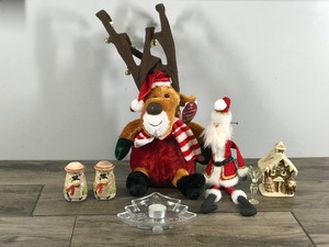 lot 264 image: Lot of Christmas Items - Salt & Pepper Shakers - Candy Dish - Christmas House - Reindeer Stuffed Animal & Santa Claus