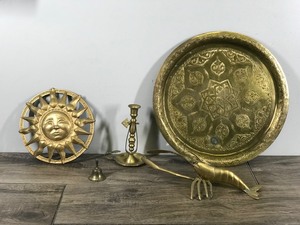lot 272 image: Brass Lobster, Bell, Candle Holder, Etched Plate & Aluminum Sun