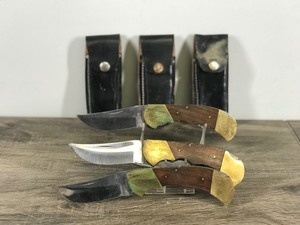 lot 338 image: 3 - Pakistan Stainless Steel Hunting Folding Knives with Sheaths