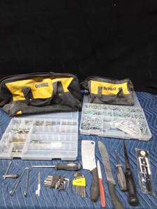 lot 57 image: Dewalt bags, tools, Plano tackle box of bolts and a Pro Bass tackle box of hardware