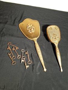 lot 179A image: Vintage 24K vanity mirror and brush set and vintage skeleton keys