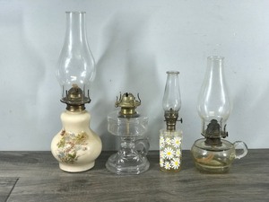 lot 367 image: Lot of 4 Vintage oil Lamps - One Glows Green when Hit with a Black Light