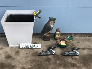 lot 399 image: Lawn Ornaments - Owl - Bird - 3 Turtles - 2 Loons - Come Again Wood Sign - Large Flower Pot