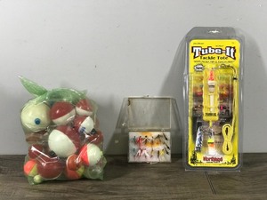 lot 407 image: Bag of Fishing Bobbers - Plastic Case of Fly Fishing Flies & Tube It Tackle Tote New in the Package