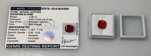 lot 110 image: AGSL Labs Natural Sapphire 5.65 CT. Red Orange Excellent Chusion Cut (With Card)