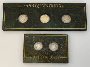 lot 15 image: Misc. Silver Coins Including Barber Quarter And Jefferson Nickels Both In Protective Holder