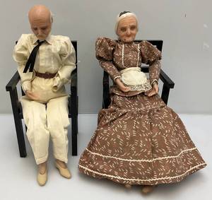 lot 38 image: Vintage Hand Crafted Wax Grandma And Grandpa Figurines 14