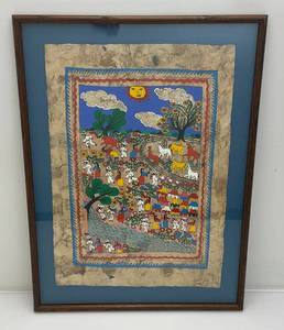 lot 48 image: Framed Behind Glass Mexican Folk Art Amate Bark Painting Of Village With Farm Animals 20 x 27