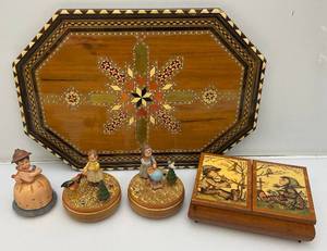 lot 76 image: Vintage Handmade Wooden Music Boxes, Hummel Wooden Music Box & Inlaid Wooden Laquered Serving Tray (Cracks Present In Clearcoat)