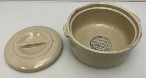 lot 45 image: Vintage Red Wing Casserole Bowl With Lid Pottery With Scandia Merchantile Company Advertisement