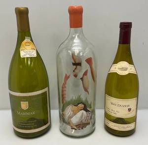lot 83 image: Three Tall Vintage Glass Wine Bottles (Perfect For Coins Or Marbles)