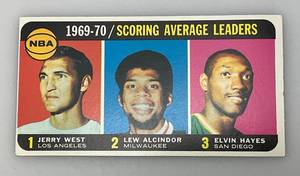lot 221 image: 1970-71 Topps NBA 1969-70 Scoring Average Leaders Jerry West, Lew Alcindor And Elvin Hayes Card (In Protective Sleeve) Reprint