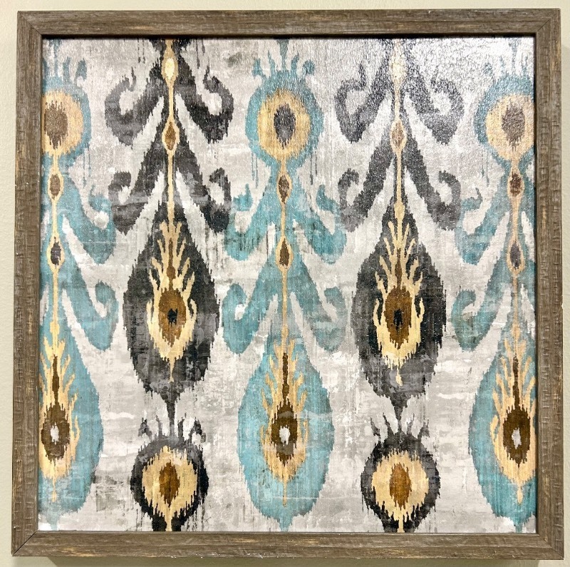lot 224 image: Canvas Wall Art - Framed Turquoise & Gold Damask Pattern