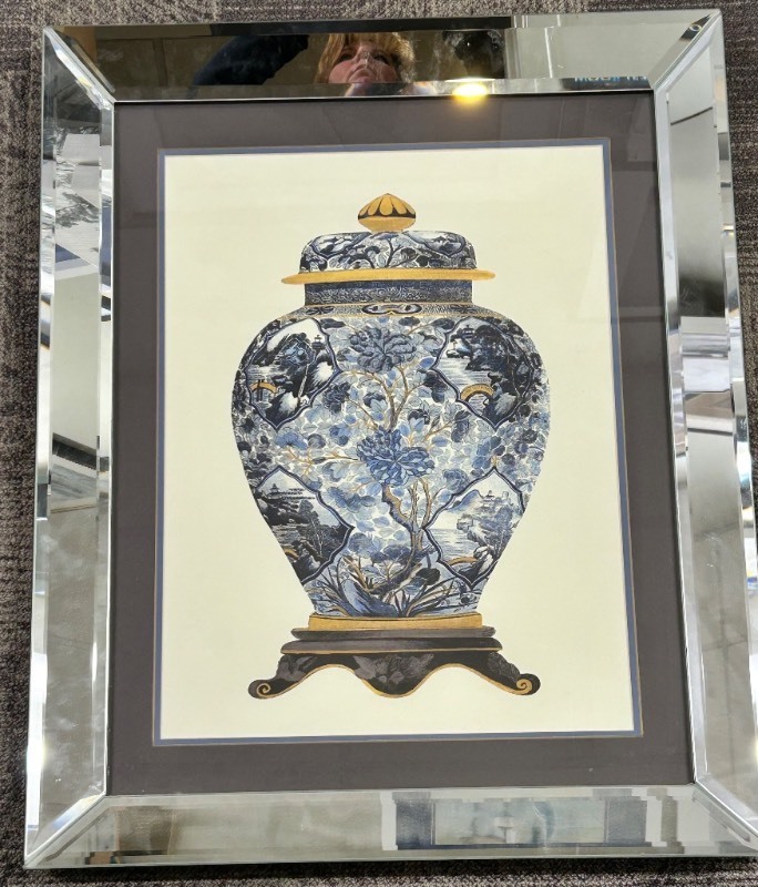 lot 228 image: Mirrored Frame with Blue & White Porcelain Vase Print - Framed Wall Decor