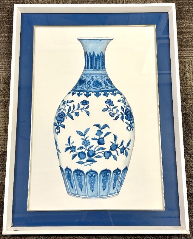 lot 229 image: Framed Blue & White Chinese Porcelain Vase Print With Floral Motifs