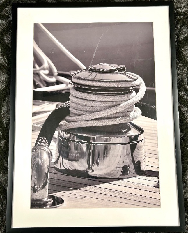 lot 234 image: Framed Black & White Nautical Photo - Coiled Rope & Deck Winch