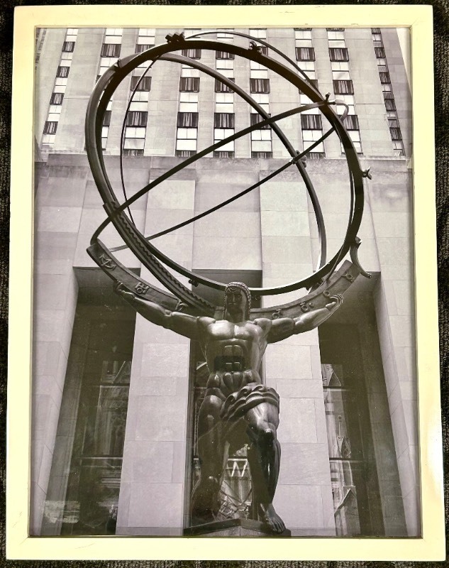 lot 272 image: Atlas Statue Framed Photo Armillary Sphere Black & White