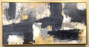 lot 14 image: Large Abstract Painting - Navy Blue & Gray with Gold Leaf on Canvas Framed 50 x 98