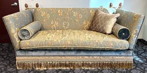 lot 15 image: Vintage Blue Damask Sofa - Gold Fringe & Nailhead Trim - Drop Down Sides
