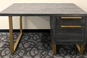 lot 18 image: Industrial-Style Desk - Distressed Black Wood Top & Gold Metal Frame - Right-Side 2-Drawer