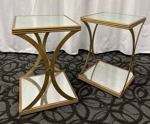 lot 22 image: End Tables - Pair of Gold Tone Glass-Top Tables & Mirrored Lower Shelves