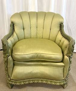 lot 44 image: Vintage Green Velvet Armchair & Carved Wood Trim - Rococo Style