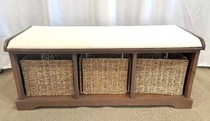 lot 46 image: Safavieh Storage Bench with 3 Wicker Baskets - Brown Finish - 47 x 16 x 20 in