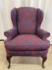 lot 48 image: Wingback Chair - Damask Upholstery Blue & Burgundy with Carved Wood Legs #1