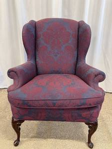 lot 49 image: Wingback Chair - Damask Upholstery Blue & Burgundy with Carved Wood Legs #2