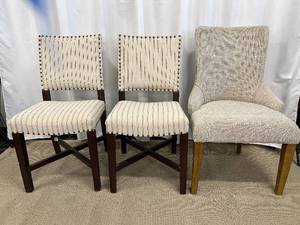 lot 92 image: Chairs - Stripe Parson Chairs & Beige Accent Chair (Lot of 3) - For Repair