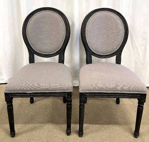 lot 93 image: Pair of Black Wood Dining Chairs - Grey Upholstery & Oval Backs