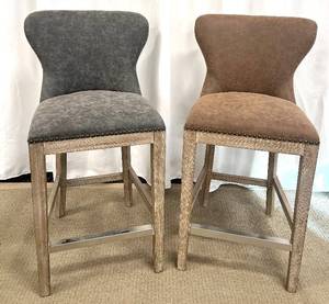 lot 94 image: Upholstered Bar Stools - Gray & Brown Nailhead Trim (Lot of 2)