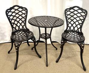 lot 95 image: Bistro Patio Table & 2 Chairs Set - Black Lattice Design