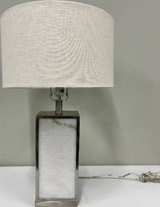 lot 104 image: Table Lamp - Marble Panel Base & Linen Drum Shade #2