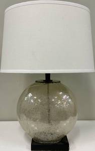 lot 113 image: Round Glass Globe Table Lamp - White Fabric Drum Shade