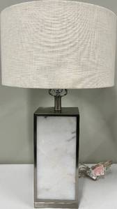 lot 103 image: Table Lamp - Marble Panel Base & Linen Drum Shade #1