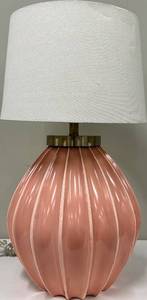 lot 105 image: Pink Ribbed Table Lamp & White Fabric Shade #1