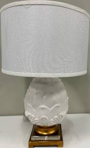 lot 107 image: Pineapple Lamp - White Ceramic Table Lamp With Brass Base & White Fabric Shade