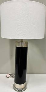 lot 108 image: Table Lamp - Black Finish Base with Silver Trim & White Fabric Shade
