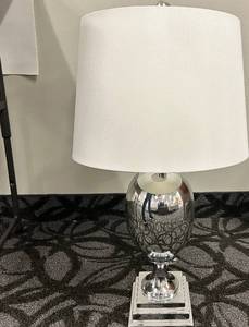 lot 112 image: Chrome Egg-Shaped Table Lamp With White Drum Shade