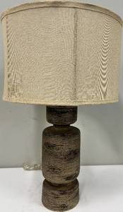 lot 117 image: Rustic Turned Wood Table Lamp - Beige Fabric Shade